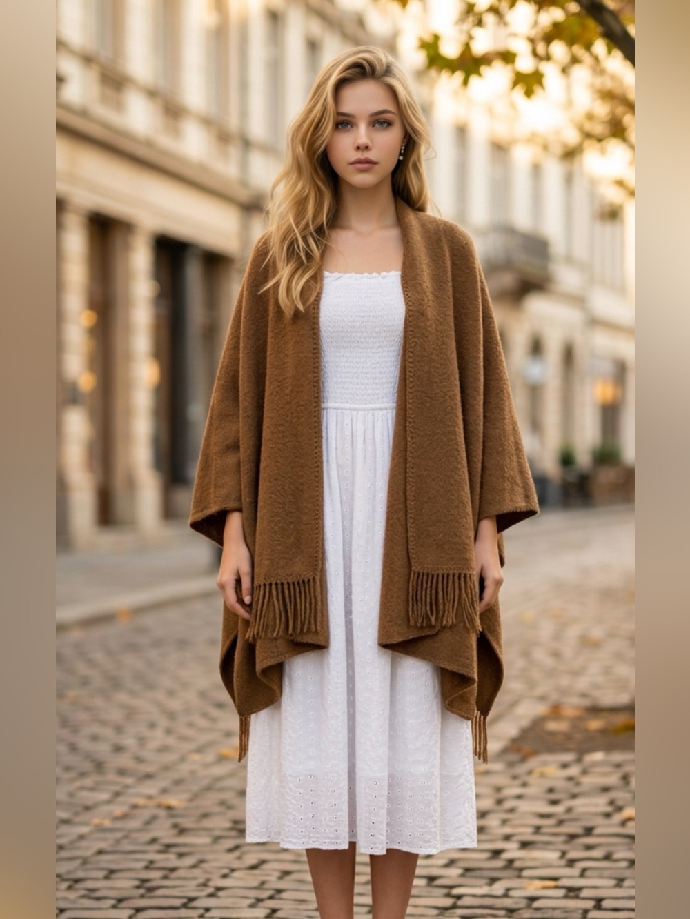 100% Alpaca Fringe-Trim Open Cape in Brown Alpaca Collection